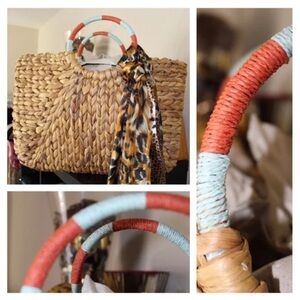 a new day Woven Multicolored Circle Handle Woven Straw Tote